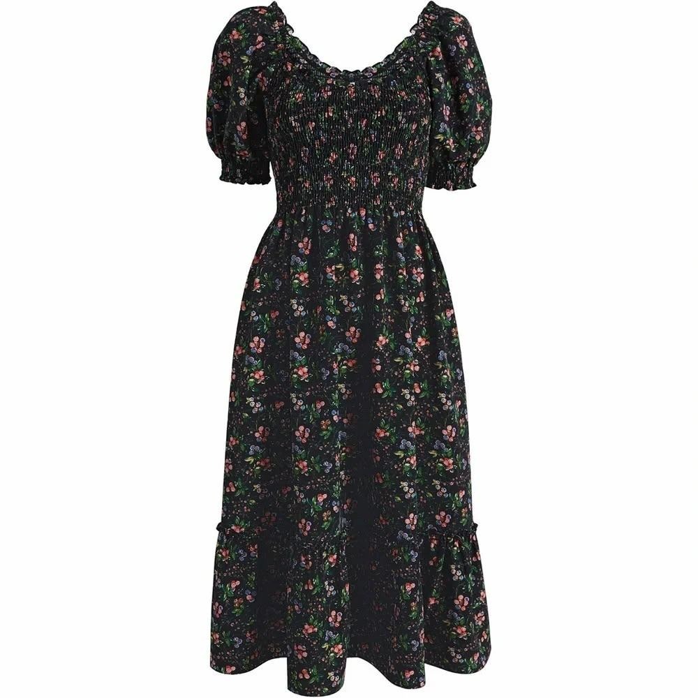 Hill House Home Louisa Nap Dress S Berry Crepe Smocked Floral Midi Tiered Black
